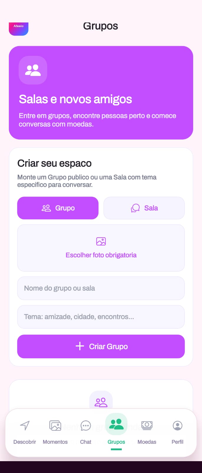 Grupos e salas ao vivo do Afeelo para conhecer gente nova por perto