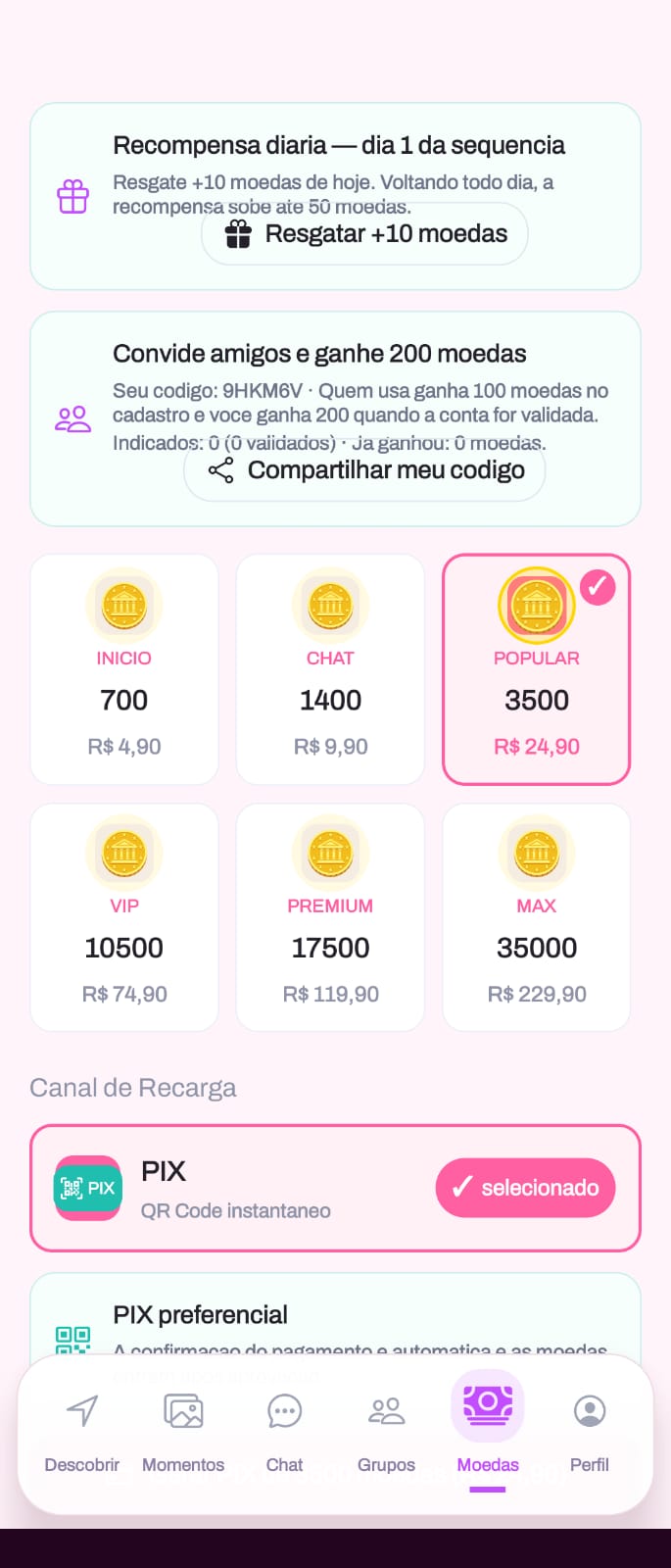 Tela de moedas do Afeelo: recompensa diária, indicação de amigos e recarga via PIX